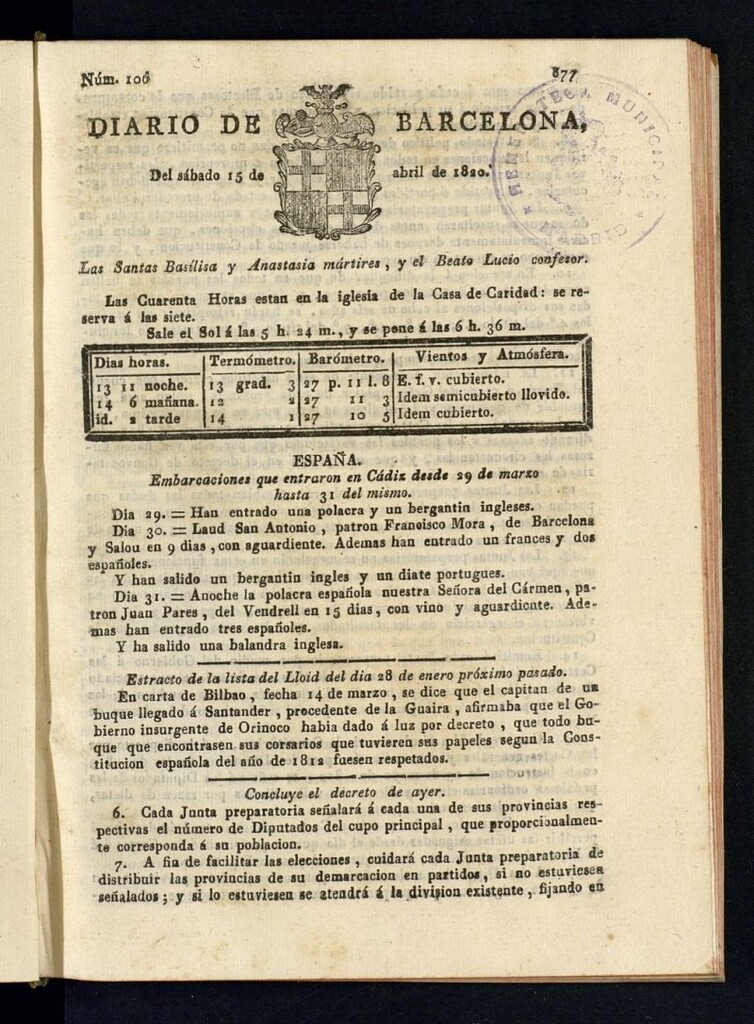 Miniatura de Diario de Barcelona del 15 de abril de 1820
