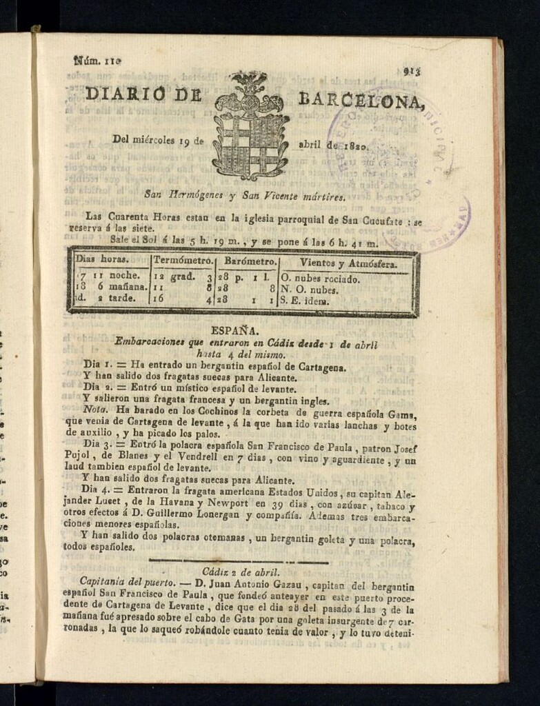 Miniatura de Diario de Barcelona del 19 de abril de 1820