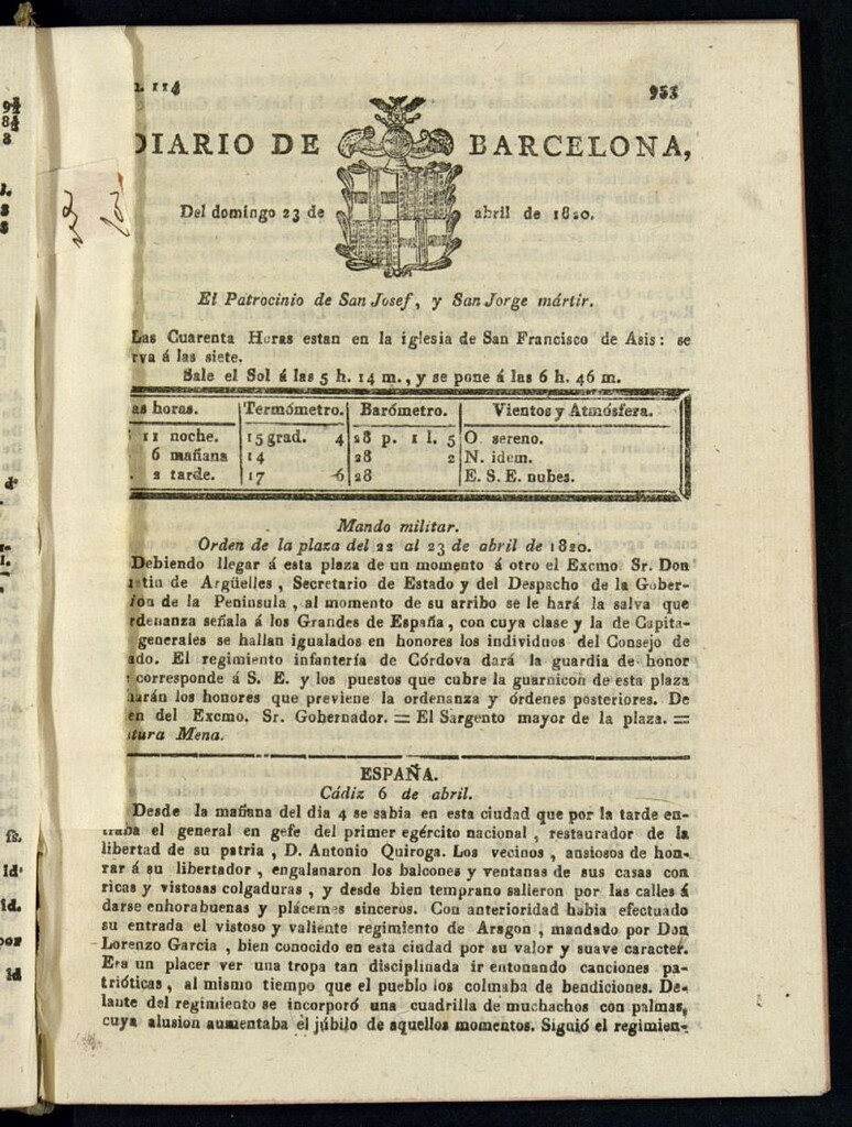 Miniatura de Diario de Barcelona del 23 de abril de 1820