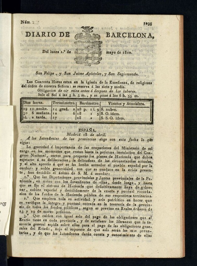 Miniatura de Diario de Barcelona del 1 de mayo de 1820