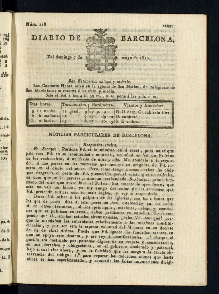Miniatura de Diario de Barcelona del 7 de mayo de 1820