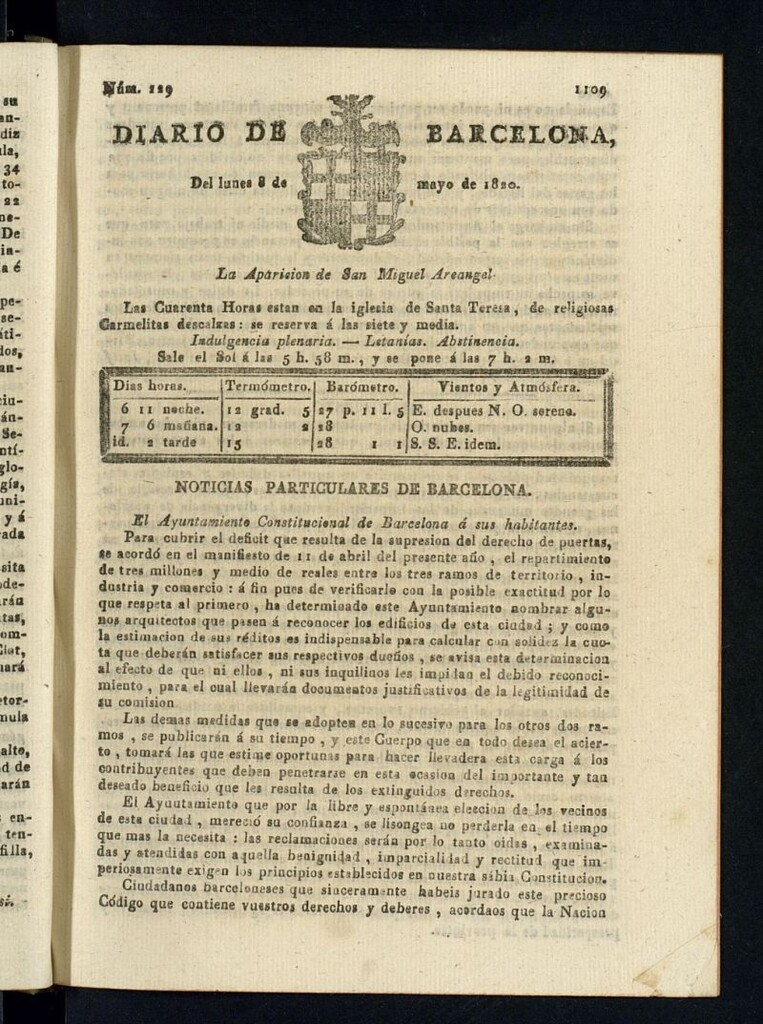 Miniatura de Diario de Barcelona del 8 de mayo de 1820