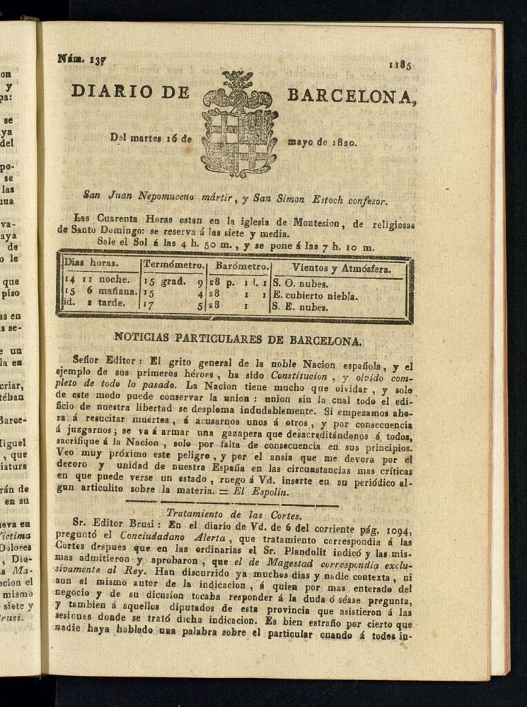 Miniatura de Diario de Barcelona del 16 de mayo de 1820