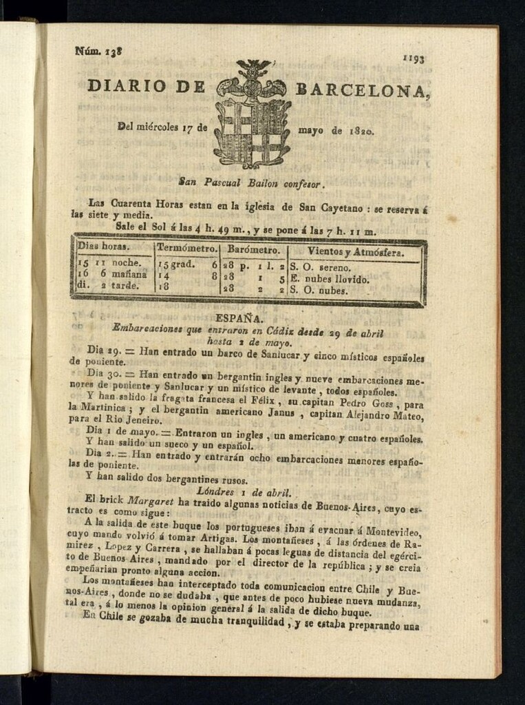 Miniatura de Diario de Barcelona del 17 de mayo de 1820