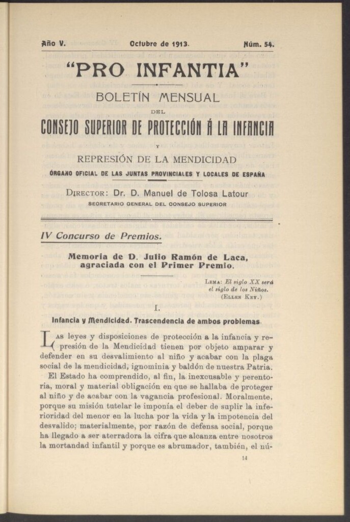 Miniatura de Pro Infantia : boletín del Consejo Superior de Protección a la Infancia y Represión de la Mendicidad de octubre de 1913