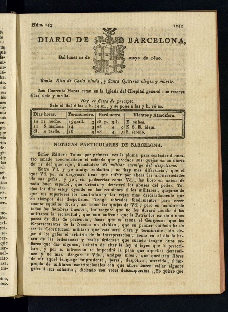 Miniatura de Diario de Barcelona del 22 de mayo de 1820