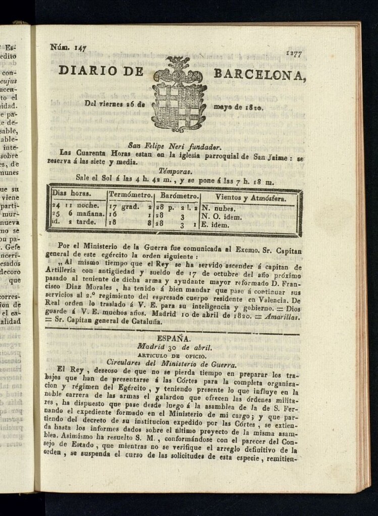 Miniatura de Diario de Barcelona del 26 de mayo de 1820