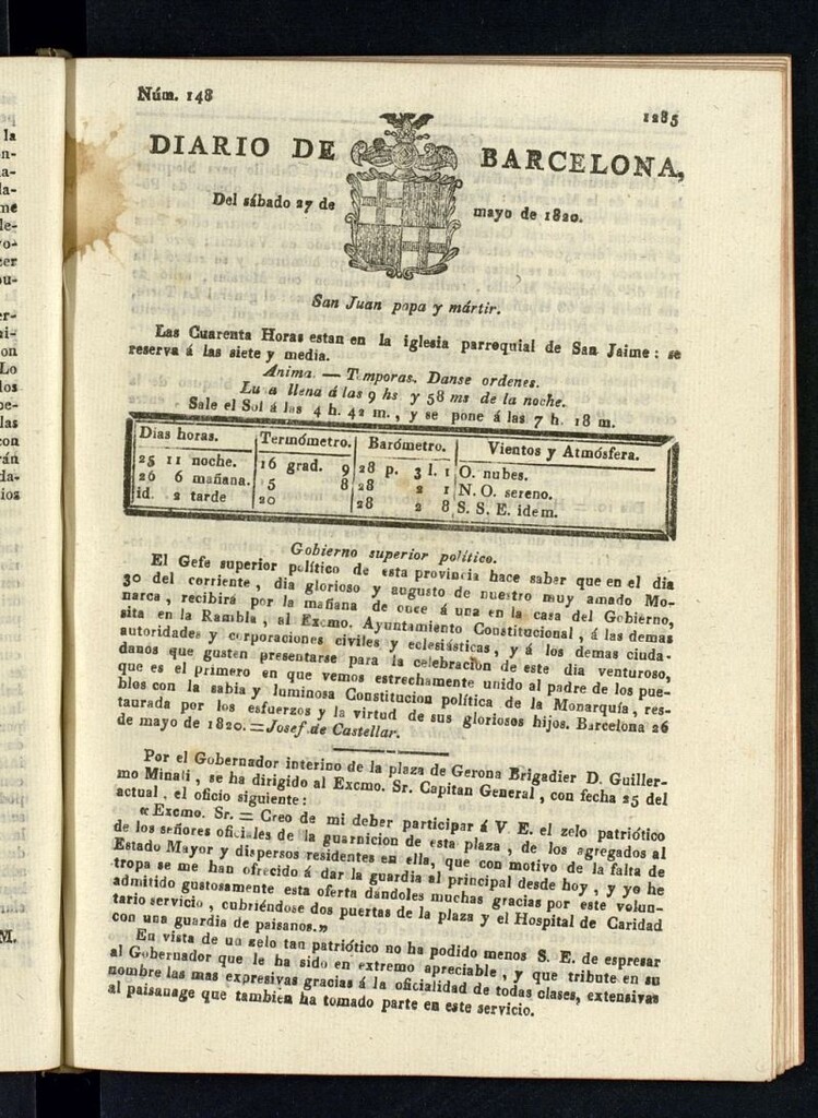 Miniatura de Diario de Barcelona del 27 de mayo de 1820