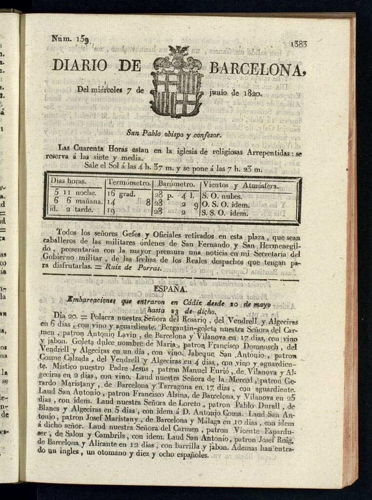 Miniatura de Diario de Barcelona del 7 de junio de 1820
