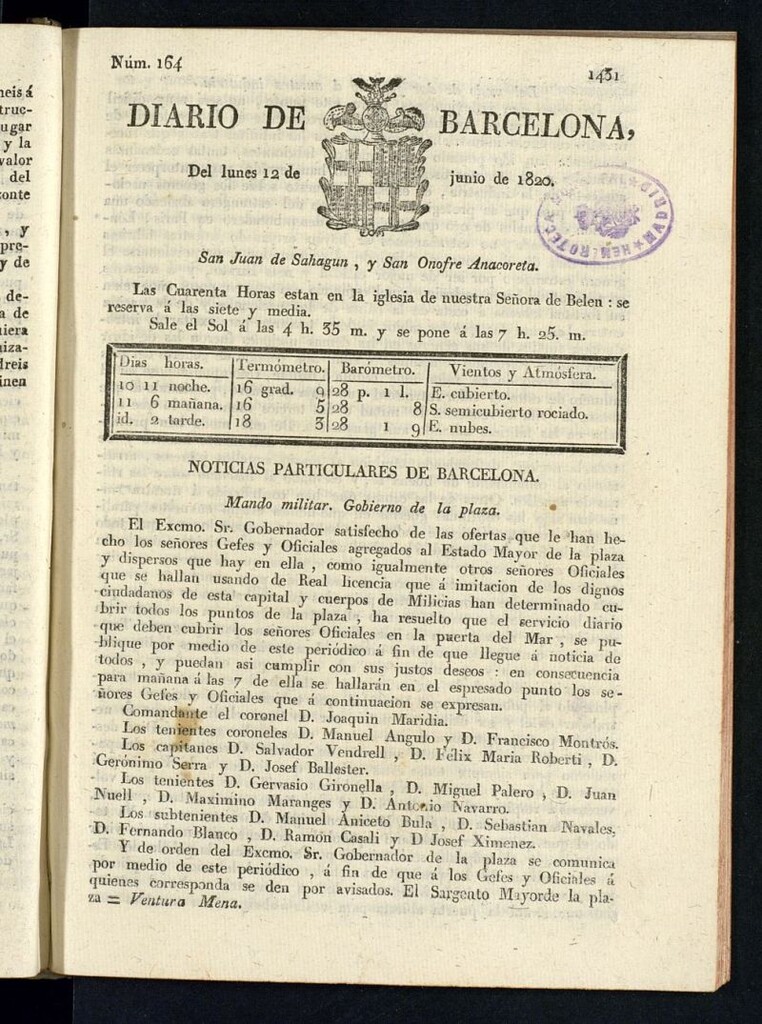 Miniatura de Diario de Barcelona del 12 de junio de 1820