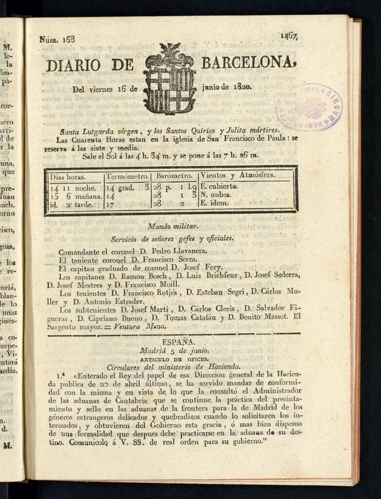 Miniatura de Diario de Barcelona del 16 de junio de 1820