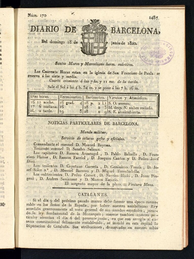 Miniatura de Diario de Barcelona del 18 de junio de 1820