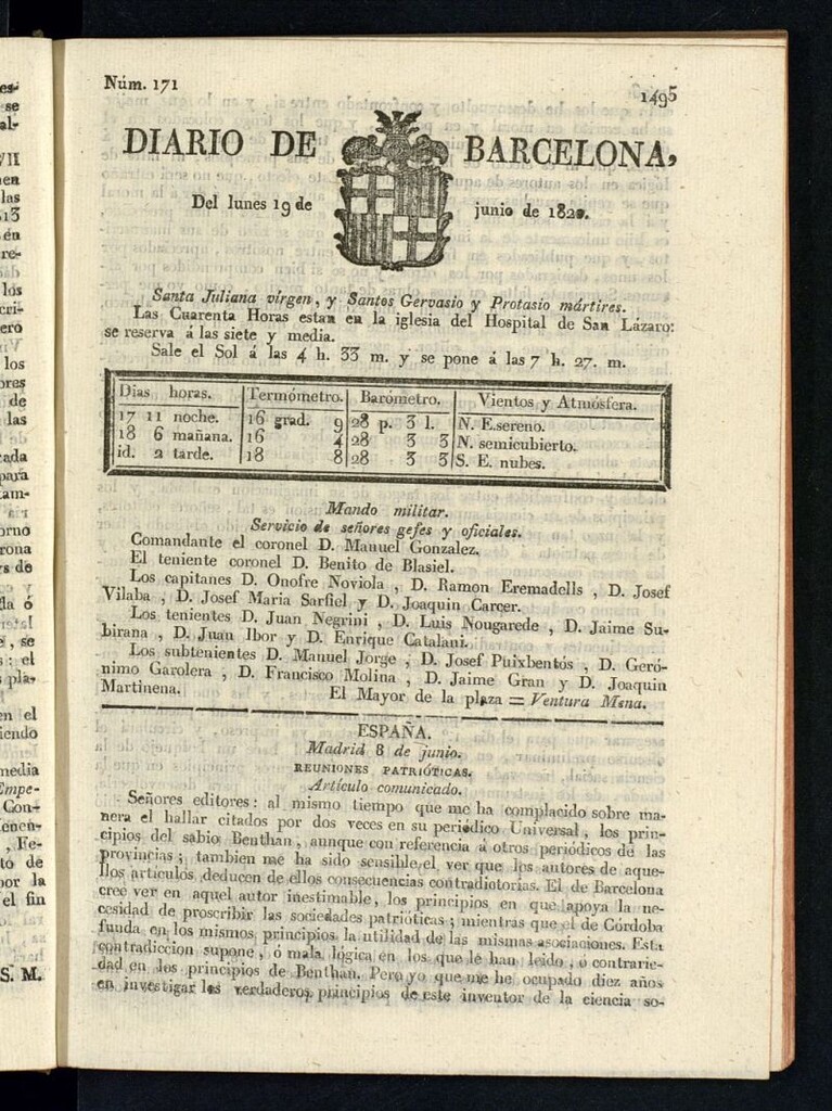 Miniatura de Diario de Barcelona del 19 de junio de 1820