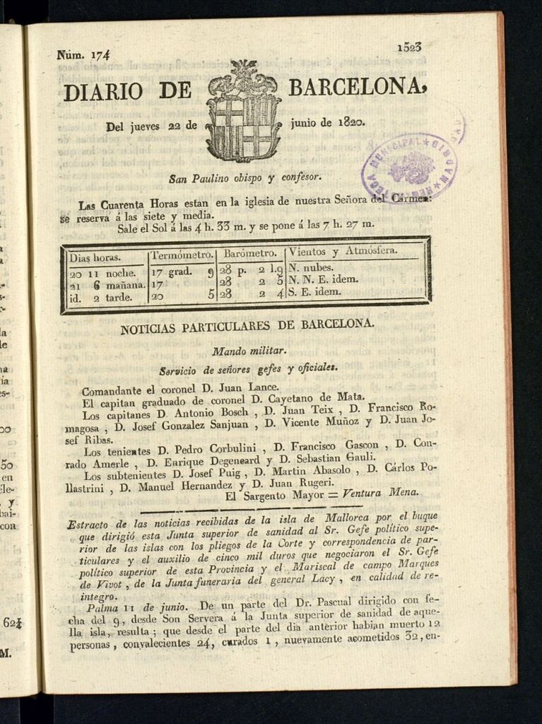 Miniatura de Diario de Barcelona del 22 de junio de 1820