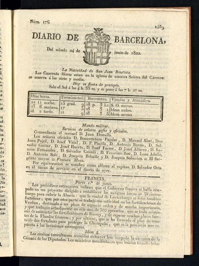 Miniatura de Diario de Barcelona del 24 de junio de 1820