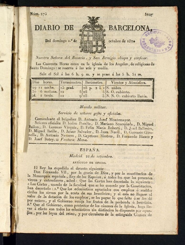 Miniatura de Diario de Barcelona del 1 de octubre de 1820