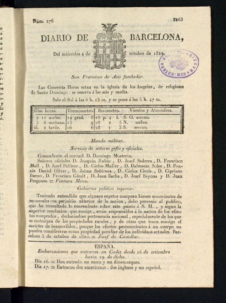 Miniatura de Diario de Barcelona del 4 de octubre de 1820
