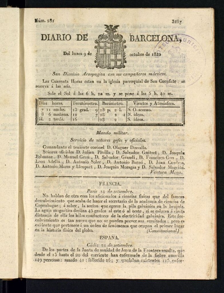 Miniatura de Diario de Barcelona del 9 de octubre de 1820