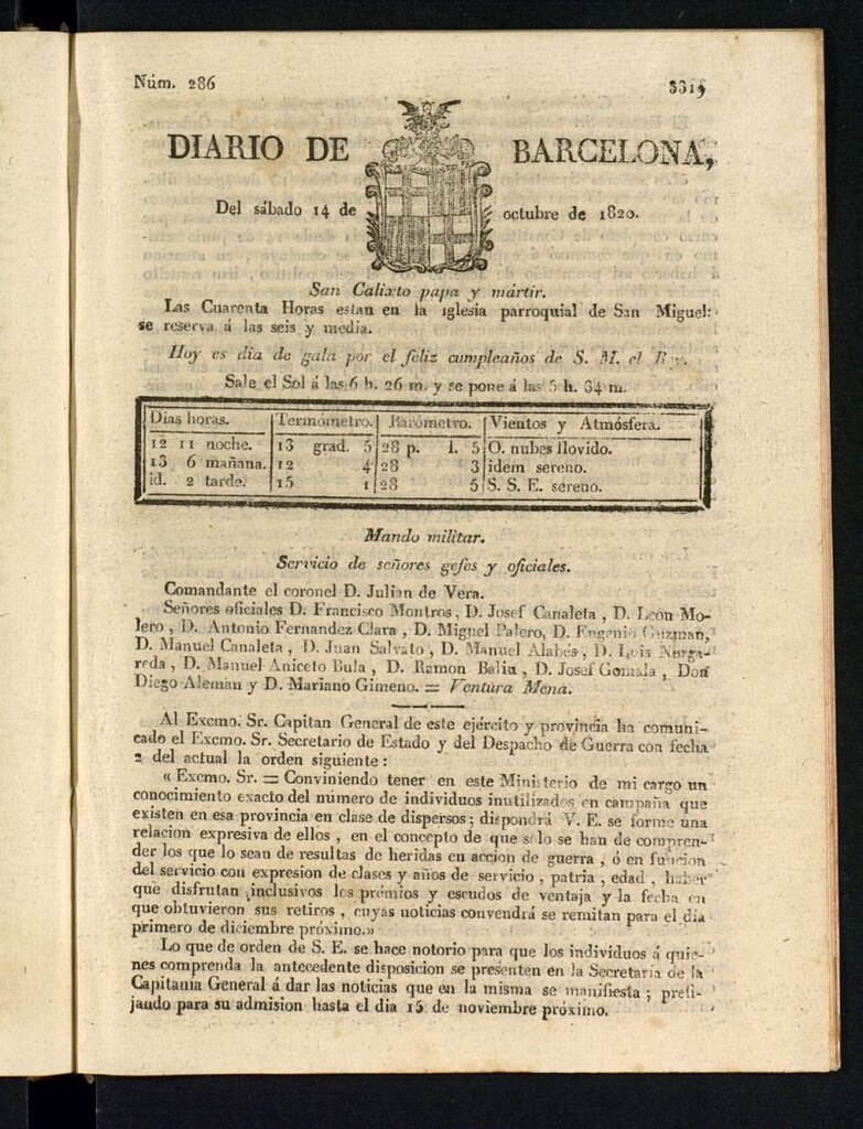 Miniatura de Diario de Barcelona del 14 de octubre de 1820
