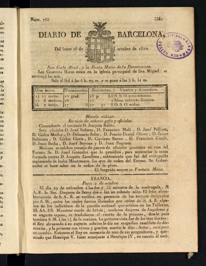 Miniatura de Diario de Barcelona del 16 de octubre de 1820