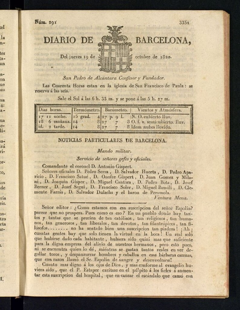 Miniatura de Diario de Barcelona del 19 de octubre de 1820