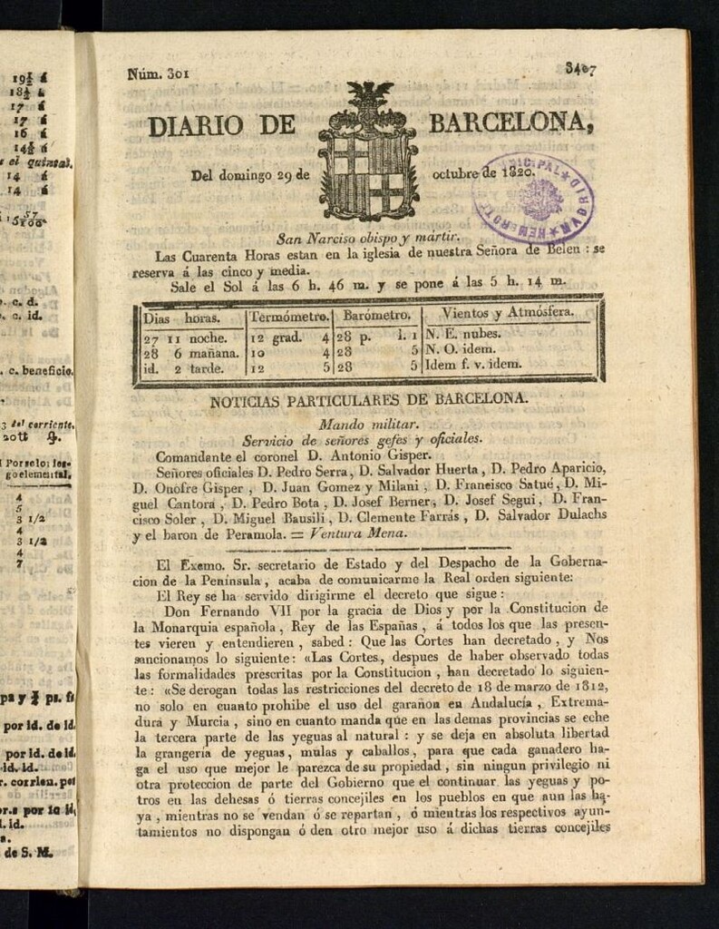 Miniatura de Diario de Barcelona del 29 de octubre de 1820