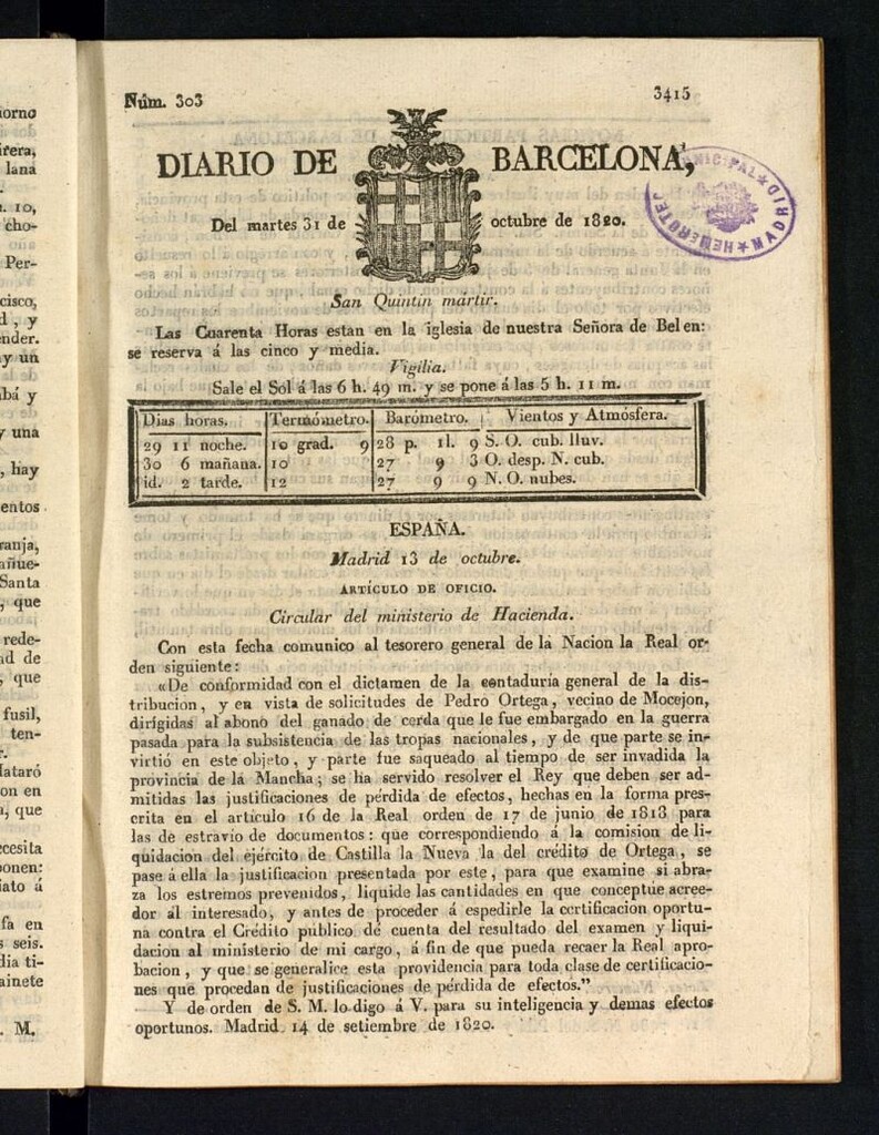 Miniatura de Diario de Barcelona del 31 de octubre de 1820