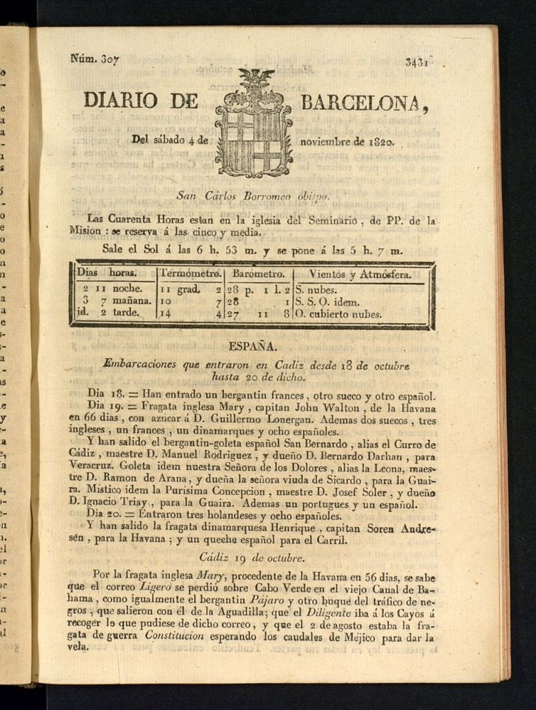 Miniatura de Diario de Barcelona del 4 de noviembre de 1820