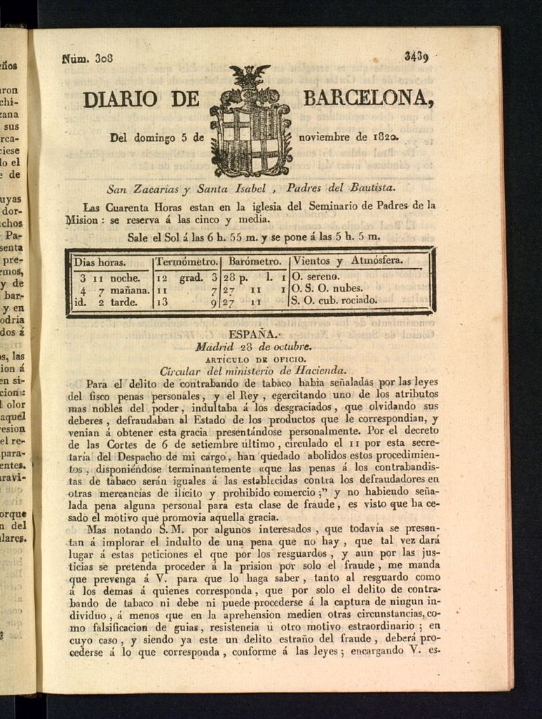 Miniatura de Diario de Barcelona del 5 de noviembre de 1820