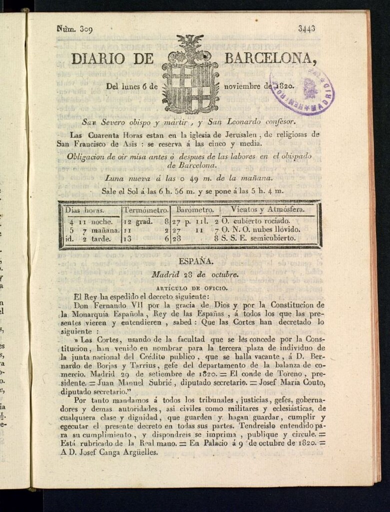 Miniatura de Diario de Barcelona del 6 de noviembre de 1820