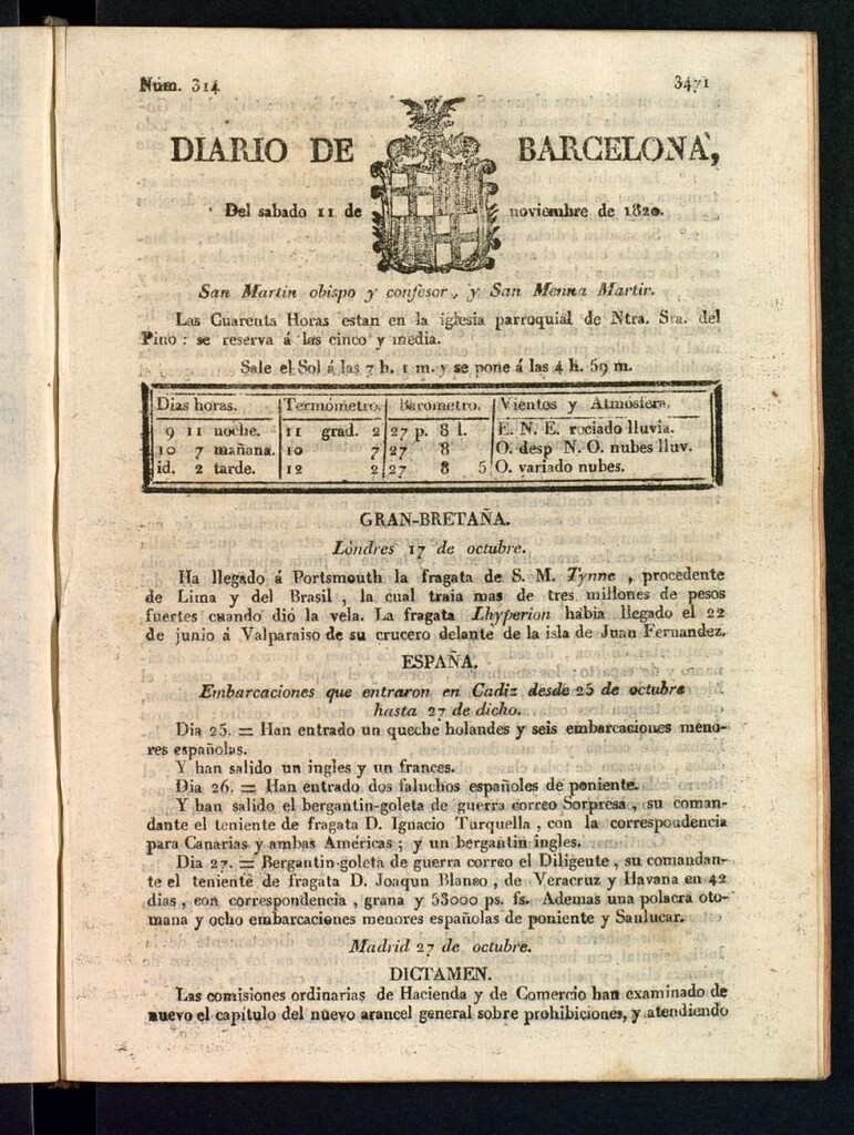 Miniatura de Diario de Barcelona del 11 de noviembre de 1820