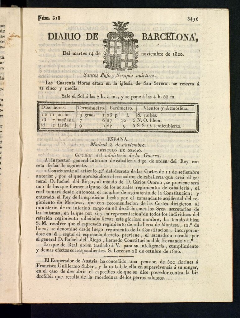 Miniatura de Diario de Barcelona del 14 de noviembre de 1820