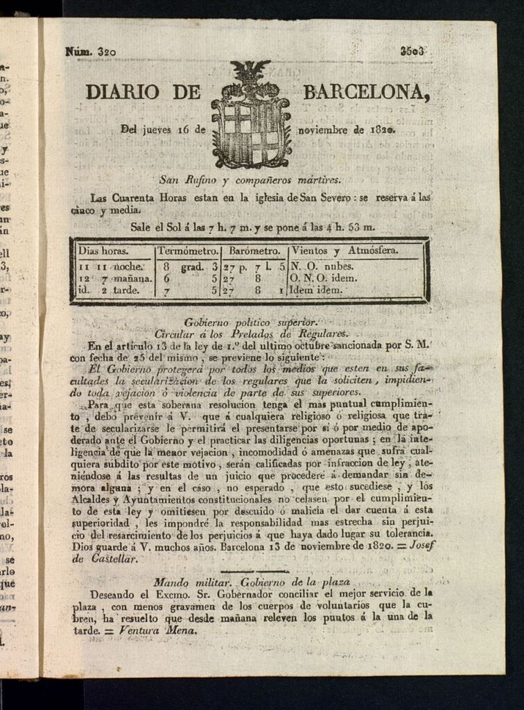 Miniatura de Diario de Barcelona del 16 de noviembre de 1820