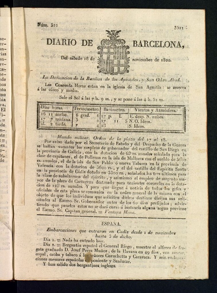 Miniatura de Diario de Barcelona del 18 de noviembre de 1820