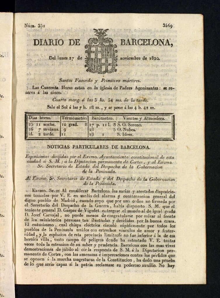 Miniatura de Diario de Barcelona del 27 de noviembre de 1820