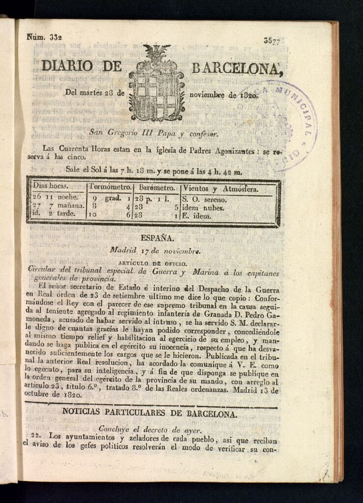 Miniatura de Diario de Barcelona del 28 de noviembre de 1820