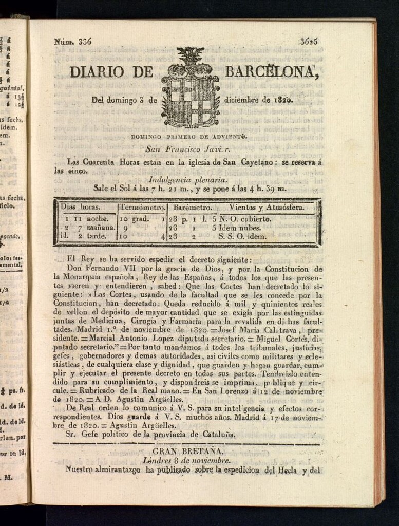 Miniatura de Diario de Barcelona del 3 de diciembre de 1820
