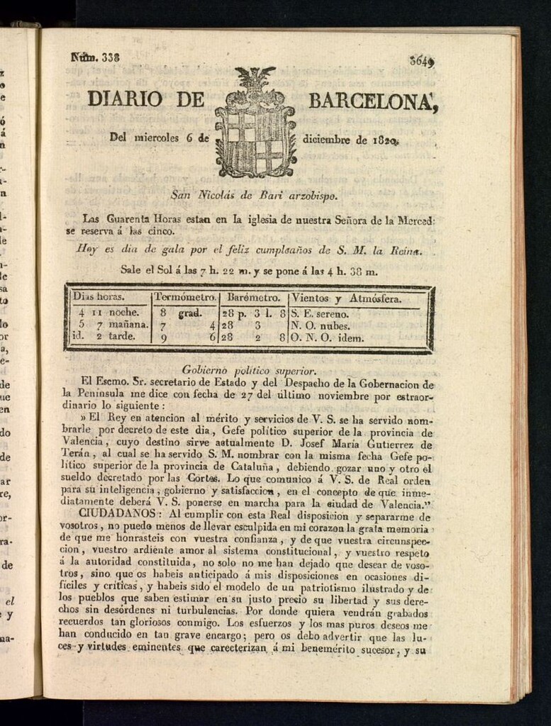 Miniatura de Diario de Barcelona del 6 de diciembre de 1820
