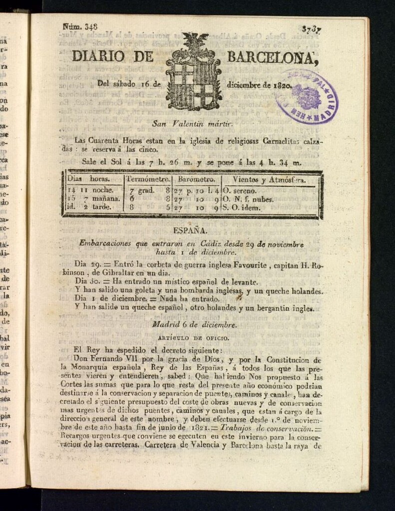 Miniatura de Diario de Barcelona del 16 de diciembre de 1820