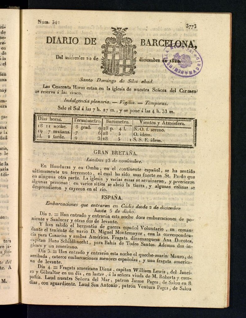 Miniatura de Diario de Barcelona del 20 de diciembre de 1820