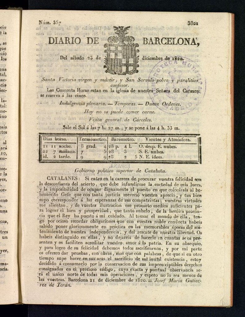 Miniatura de Diario de Barcelona del 23 de diciembre de 1820