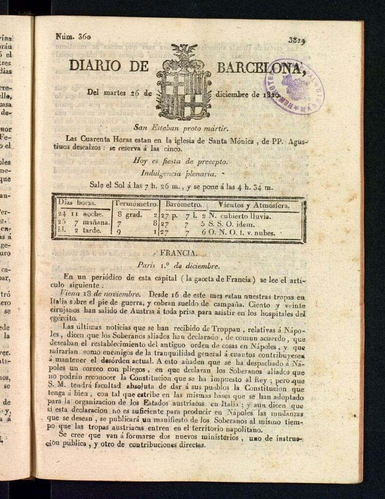 Miniatura de Diario de Barcelona del 26 de diciembre de 1820