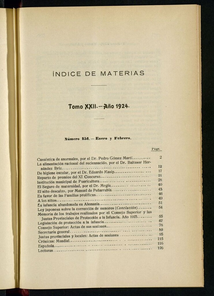 Miniatura de Pro Infantia : boletín del Consejo Superior de Protección a la Infancia y Represión de la Mendicidad de 1924. Índices. Segundo semestre