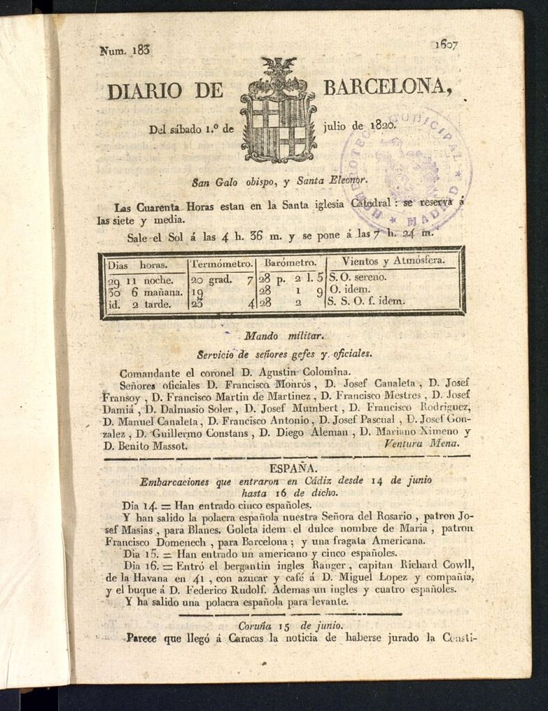 Miniatura de Diario de Barcelona del 1 de julio de 1820