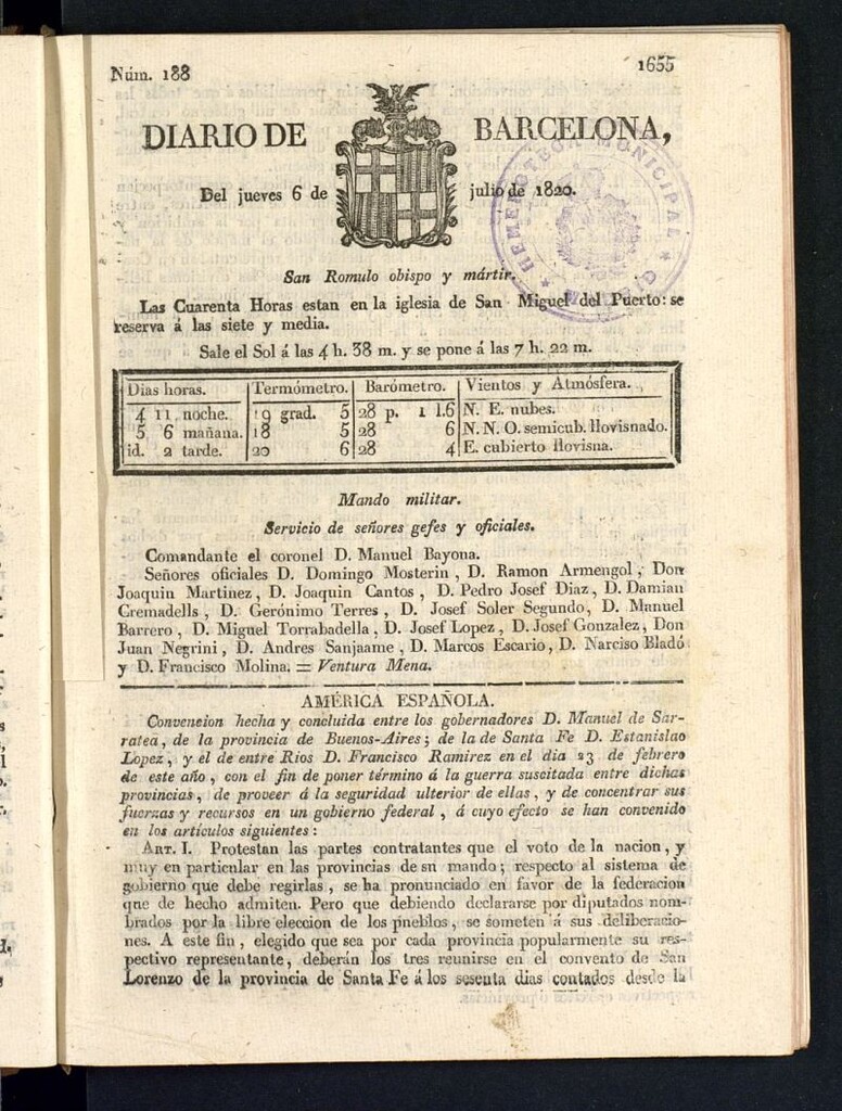 Miniatura de Diario de Barcelona del 6 de julio de 1820