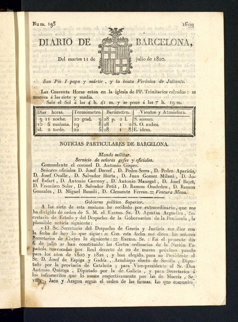 Miniatura de Diario de Barcelona del 11 de julio de 1820