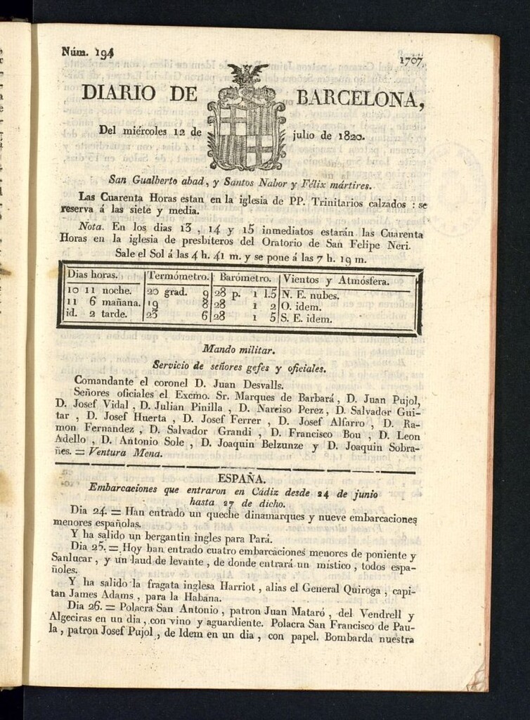 Miniatura de Diario de Barcelona del 12 de julio de 1820