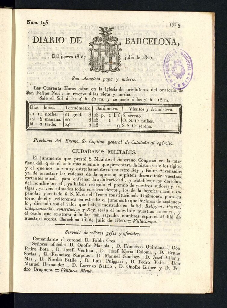 Miniatura de Diario de Barcelona del 13 de julio de 1820