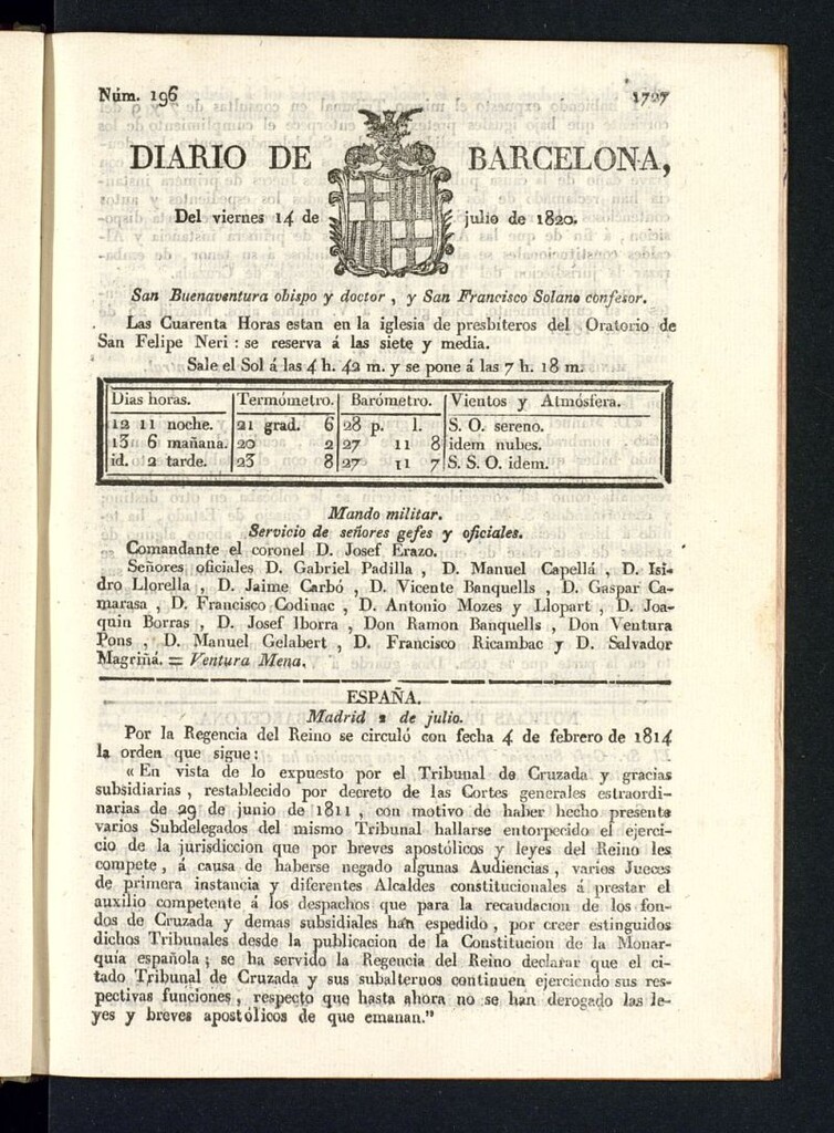 Miniatura de Diario de Barcelona del 14 de julio de 1820
