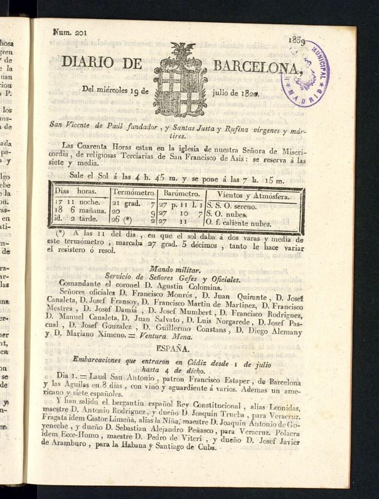 Miniatura de Diario de Barcelona del 19 de julio de 1820